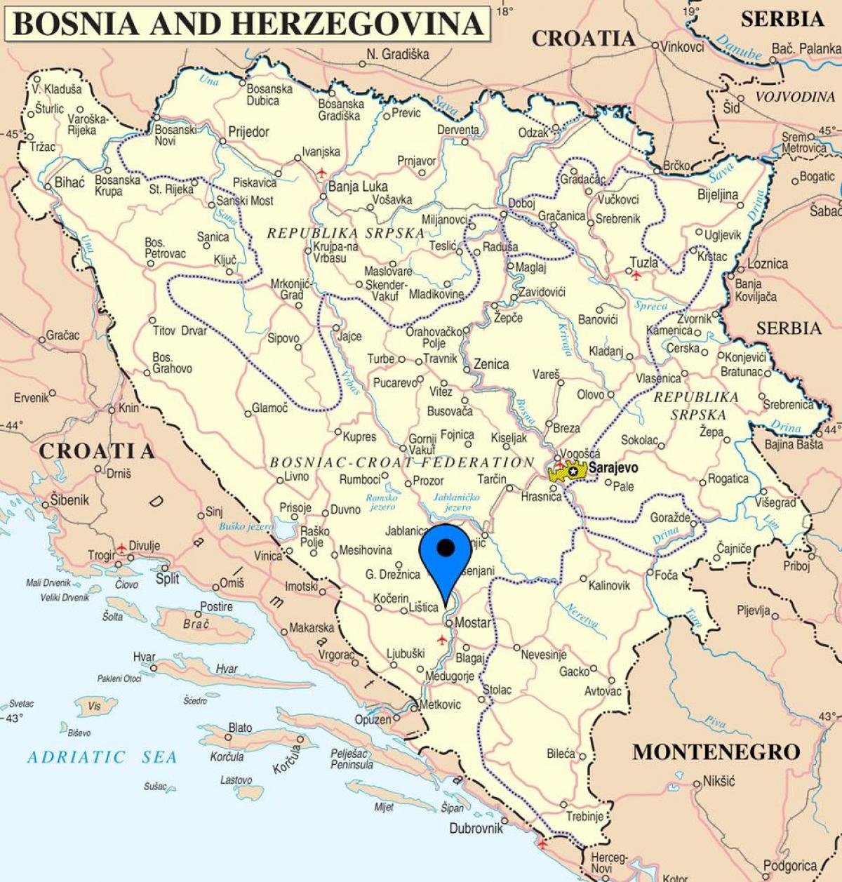 mapa mostar Bosna a Hercegovina